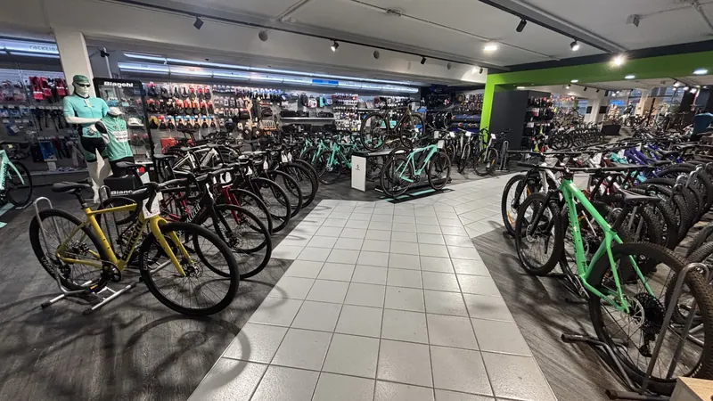 Lange Reihe von Rennrädern und Mountainbikes im Verkaufsraum von Sportmike